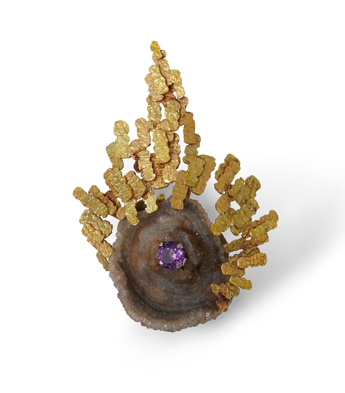An 18ct gold, drusy quartz and amethyst pendant, circa 1970